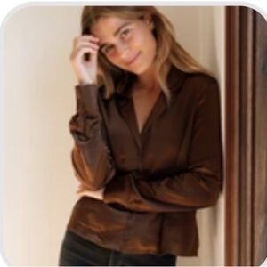 Carly Jean Los Angeles Brown Satin Button-Down Shirt